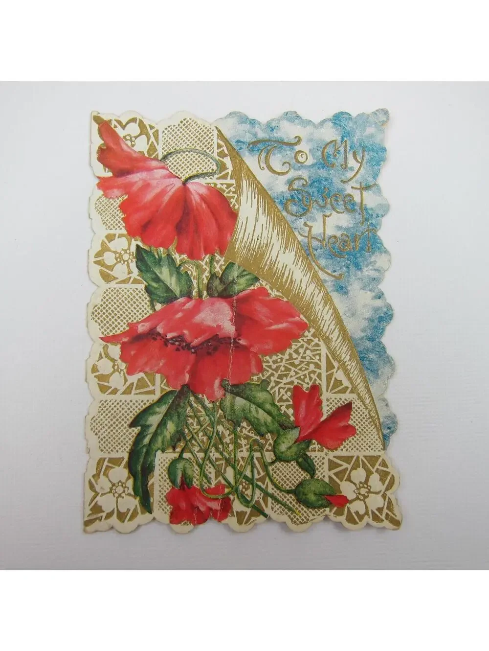 Valentine Card Red Poppy Flowers Gold Embossed Die cut Bifold Antique 1913